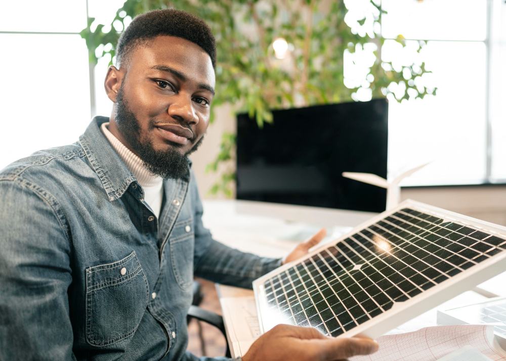 Wobotron engineer reviewing a solar panel component at his desk