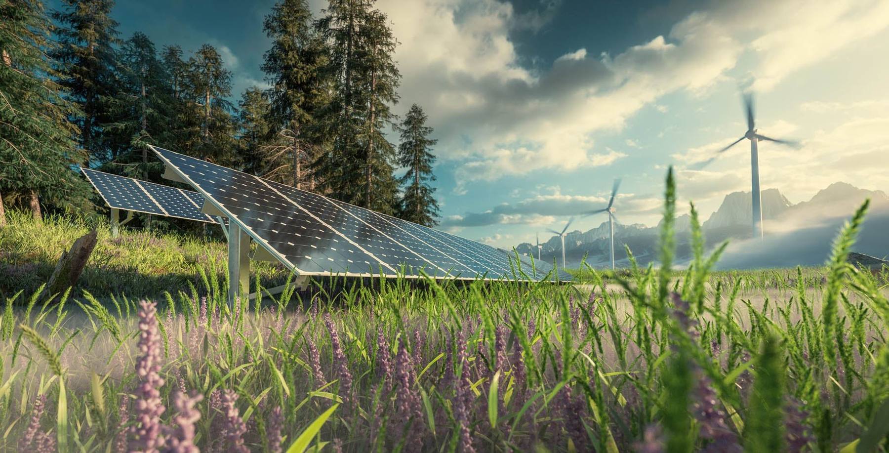 Solar panels and wind turbines in a natural landscape, representing sustainable energy